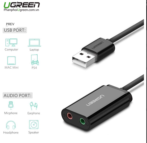 Ugreen 30724 - Cáp sound USB 2.0 to 3.5mm chính hãng